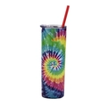 Slim skinny tumbler with vibrant multi-color tie-dye pattern and a bright red straw - TD5 (Blue Green Yellow Pink Tie-dye)