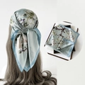 Floral satin silk scarf with light blue border and colorful bird print in gift box - L7350-Magnolia