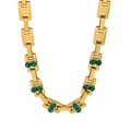 Detail of gold link chain necklace with inlaid green crystal emerald stones - Double Zirconia Necklace - Embossed Texture (CK801)