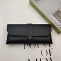 Black lychee texture leather sunglasses pouch with gold snap button and vertical strap - Thin Button 1.5mm / Black
