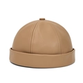 Camel faux leather dockman cap with six-panel stitching and top button detail - Docker Hat Style / Beige