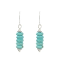 Vintage bohemian turquoise drop earrings with silver hooks and natural textures - Five Linked Flat Round Bead Style (K-761)