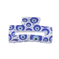 Durchscheinende weiße Haarklammer mit blau-weißem Evil Eye Muster und Metallfeder - Klassischer All-over Böser Blick