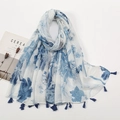 Lightweight white long scarf with blue floral leaf print and decorative tassels - White Base Blue Floral (XB786)