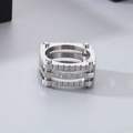 Punk silver mechanical square ring with three layers, studs and crystals in steel - US 8 / Steel