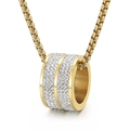 Hip hop style gold ring necklace with double row crystals on a classic box chain - Gold Double Ring Zircon Style (KN31259)