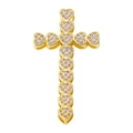 Cross pendant with golden heart elements and purple zircons on a white background - Pendant 68-X2333 (Gold Heart Purple Stone Cross)