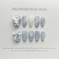 Handmade misty blue gradient press-on nails with 3D angel relief and pearl bow decor - Large (L) / Foggy Blue Angel Short Trapezoid