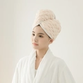 Pink coral fleece hair drying towel cap in cloud grid pattern for fast absorption - Milk Apricot