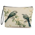 Cosmetic bag with bird and flower print on off-white canvas with black zipper - Yellow Flowers Songbird Style (xy-072-3) / With Strap