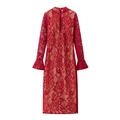 Elegantes rotes Spitzenkleid mit Blumenstickerei und ausgestellten Langärmeln - S / Burgunderrot