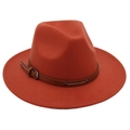 Detailed view of brick red wool fedora hat with brown leather belt buckle and metal studs - Caramel (Two Studs)