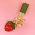 Charming red strawberry leather keychain with green strap and gold metal hardware - Green Leather [Strawberry]