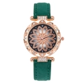 Detail of rose gold watch with crystal flower dial and dark green suede leather strap - Floral Art Dial Watch / Dark Green