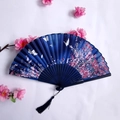 Navy blue folding fan with pink cherry blossoms and butterfly pattern with silk tassel - Dark Blue Cherry Blossom Butterfly Style (Women's Fan-62)