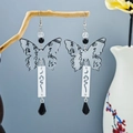 Long butterfly tassel earrings with black beads and Chinese calligraphy art style - Black White Calligraphy Butterfly Long Earrings(E2726-2)