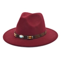 Detail of burgundy fedora hat with turquoise gemstone and leather decorative band - M (56-58cm) / Burgundy