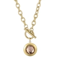 Gold OT toggle chain necklace featuring a round pendant with faceted pink crystal - Gold Pink Gemstone Style (KN229693-Z)