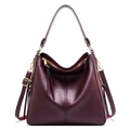 Minimalist burgundy textured leather hobo tote bag with gold hardware and dual straps - Fuschia