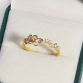 Adjustable golden ring with pink enamel flowers, small pearls and sparkling zircons - Pink-Purple Enamel Flower (Gold Tone 25)