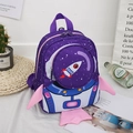 Detail view of purple rocket penguin toddler backpack with cute 3D wings and space print - Purple