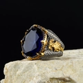 Macro shot of men's vintage copper ring with blue oval gemstone and dragon scale texture - Two-tone Dragon Scale Blue Gem(KJZ038XS)