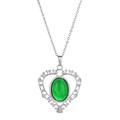 Vintage heart necklace with green stone inlay and silver chain on white background - Green