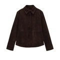Dark brown faux suede shirt jacket with long sleeves and classic collar on white background - XS / Dark Brown