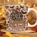 3D Spooky vibes Halloween ceramic mug with leopard print pumpkin and bats on wood base - SP-N Style