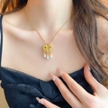 Golden Ruyi lock necklace with emerald green gemstone and three white teardrop pearls - Style 33 Necklace - Gold (Real Gold Plated)