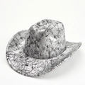 Detailed view of silver metallic cowboy hat with unique black crackle pattern texture - 57cm / Silver