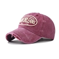 Detail of vintage washed cotton baseball cap with distressed brim and embroidered patch - Adjustable / Burgundy