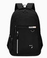 Black sport backpack featuring multiple zipper pockets and star pattern for travel - 2041 White
