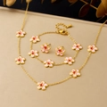 Pink enamel flower necklace and earring set with gold chain on a beige surface - 3-Piece Set (Necklace + Bracelet + Earrings)