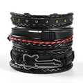 Men's multilayer braided leather bracelet set with skull and guitar metal accents - T4 Style (Black Guitar)