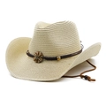 Λεπτομέρεια από μπεζ ψάθινο καπέλο cowboy με καφέ πλεκτή ζώνη και ρυθμιζόμενο λουράκι - M (56-58cm) / Μπεζ