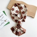 Brown and white checkered silk scarf with heart prints on white background - Heart Plaid Camel
