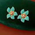 Close-up of vintage flower earrings with blue turquoise beads and pink crystal center - S925 Silver Needle Style / Blue