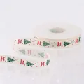Christmas ribbon in cream with green trees and red Happy Holidays text for gift wrapping - 1.5cm Cotton Ribbon Christmas Tree 23 Yards