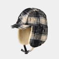 Detail of plaid aviator hat with distressed holes and soft warm fleece lining - Kids 3-7 Years / Black