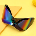 Futuristic oversized Y2K punk sunglasses with vibrant rainbow gradient lens on yellow base - Green Film