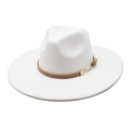 Classic white wide brim wool fedora hat with camel leather band and gold buckle detail - M / White