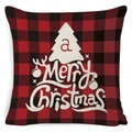 Linen Christmas pillowcase featuring red black plaid and white tree pattern with text - A-12