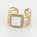 Adjustable vintage titanium steel ring in gold with white square inlay and beaded bands - Wide Hollow Square White