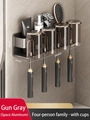 Wall-mounted gunmetal aluminum toothbrush holder for 4 persons with grey rinse cups - Gun Grey Toothbrush Holder + 4 Wash Cups