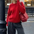 Women's minimalist red crew neck long sleeve sweater with soft thick knit fabric - S / Red