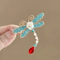 Blue dragonfly hair clip with golden filigree, enamel wings and pearl tassels - F1369 Dragonfly