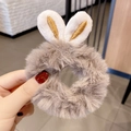 Grey plush scrunchie with cute bunny ears and gold embroidery for women hair ties - 1128G Gray Bunny Ears Plush Scrunchie