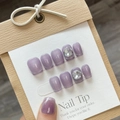 Handmade taro purple cat eye press-on nails with sparkling rhinestones and heart gems - Extra Small (XS)