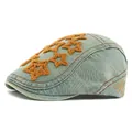 Retro light blue washed denim beret with orange fuzzy stars and 3D embroidery - Adjustable / Khaki